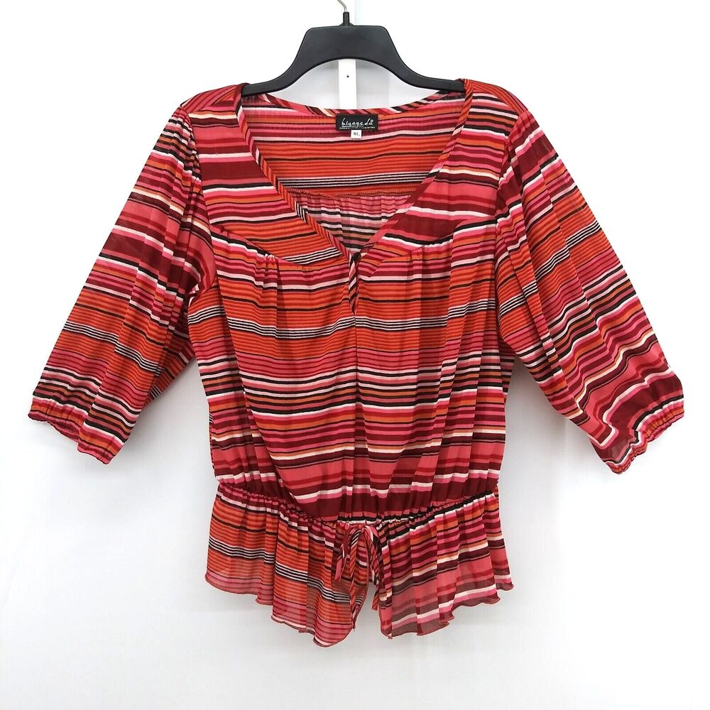 BIYAYCDA Shirt Womens Size XL Red Striped V-Neck 3/4 Sleeve Sheer Blouse